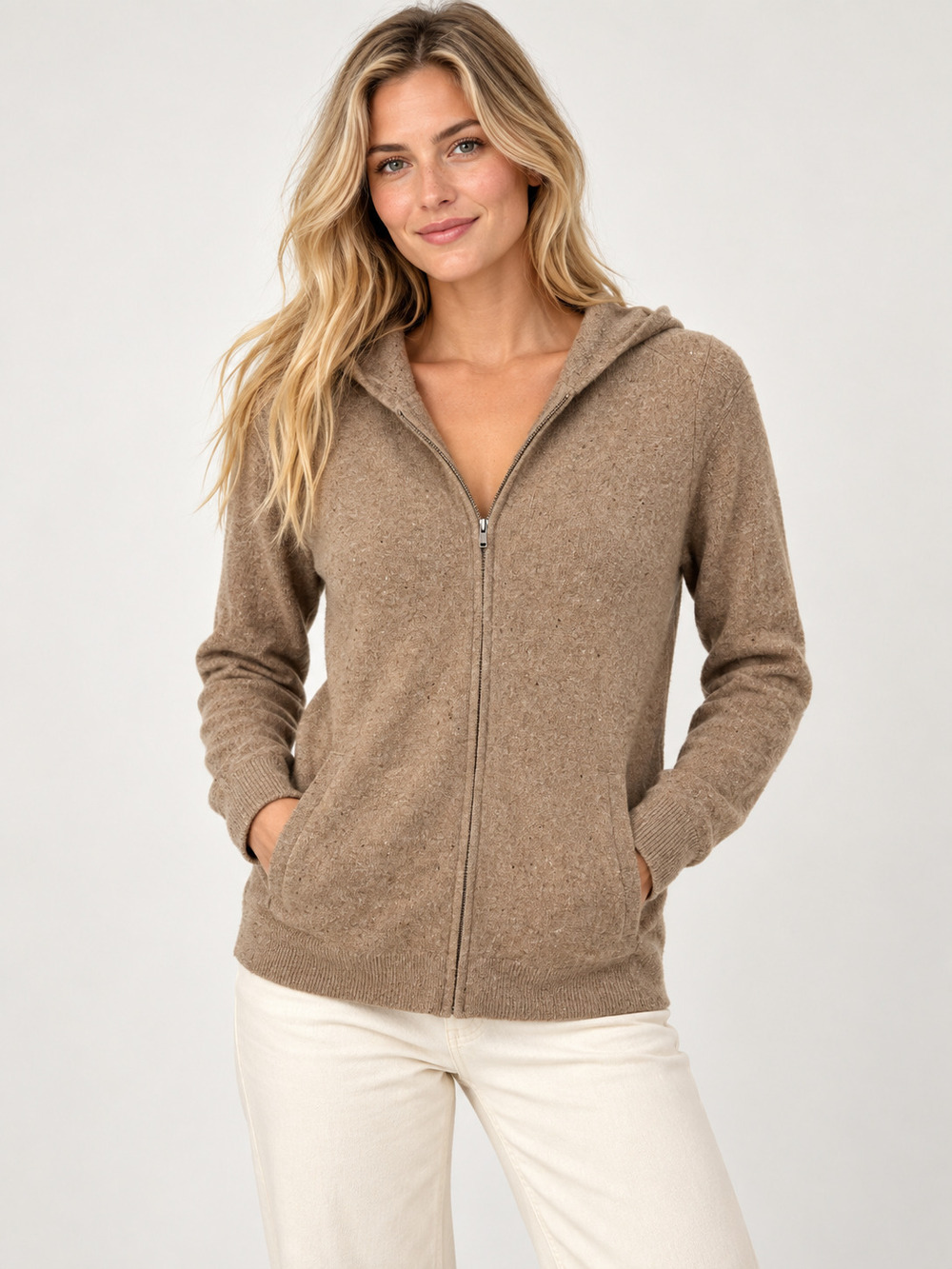 Lands' End Cashmere Zip Hoodie Tan Long Sleeve XS #A4852